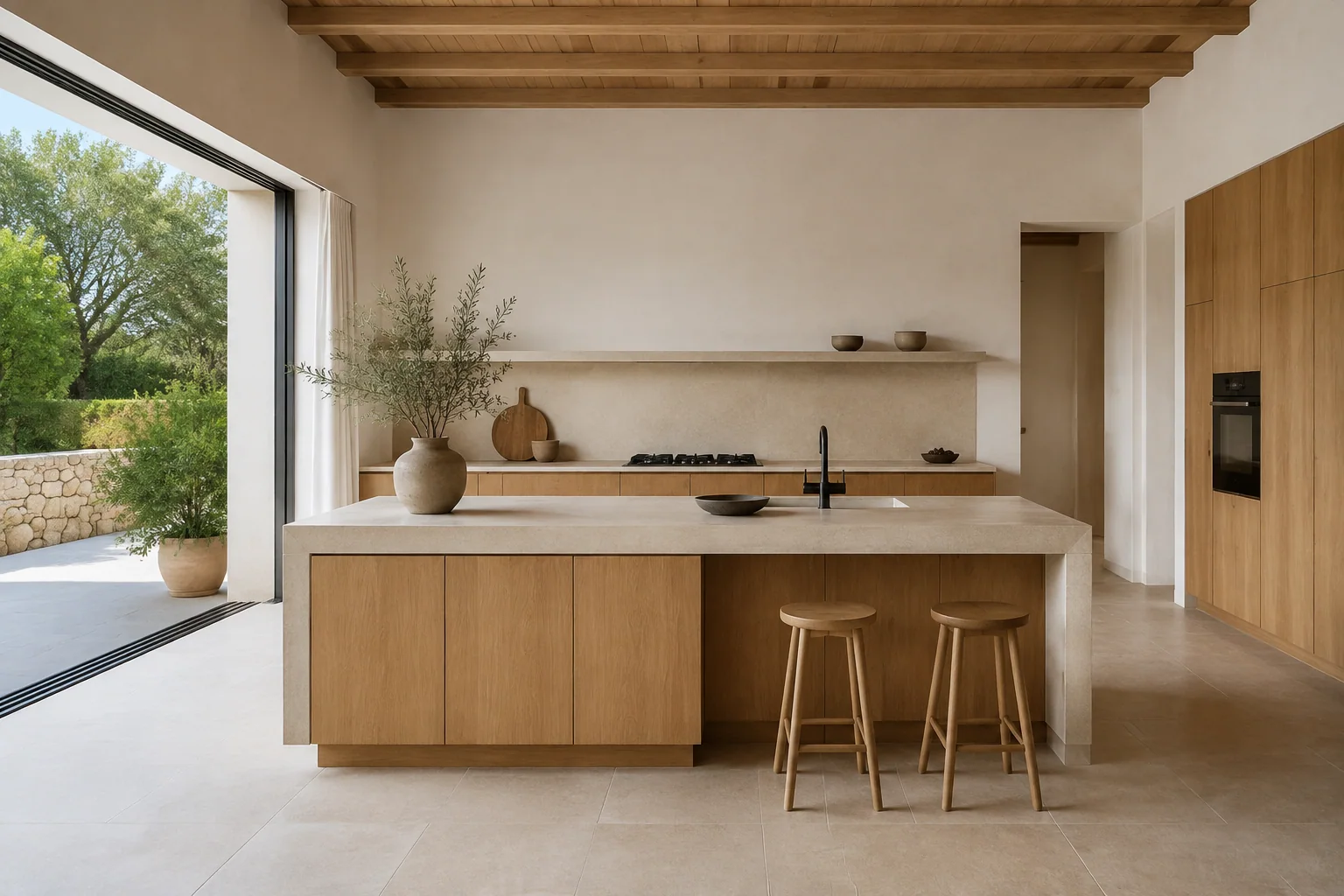 Cocina de roble con isla independiente, fregadero y asientos