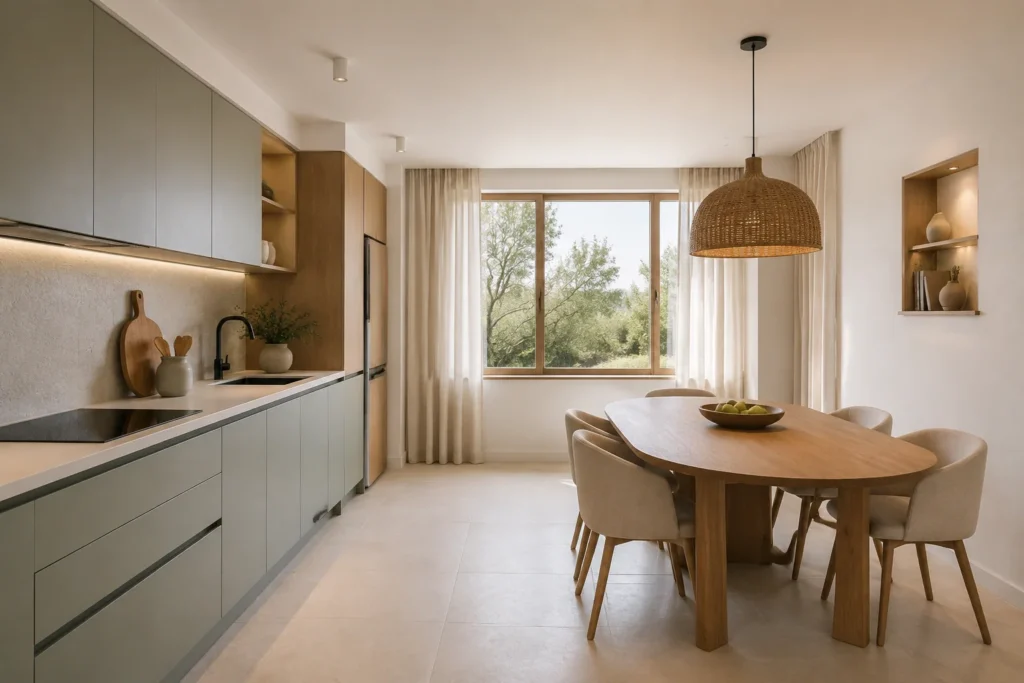 Cocina lineal verde con mesa de comedor independiente