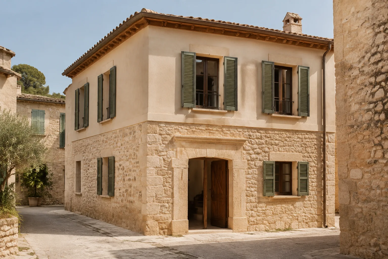 Casa mallorquina con fachada de piedra, revoco claro y contraventanas verdes