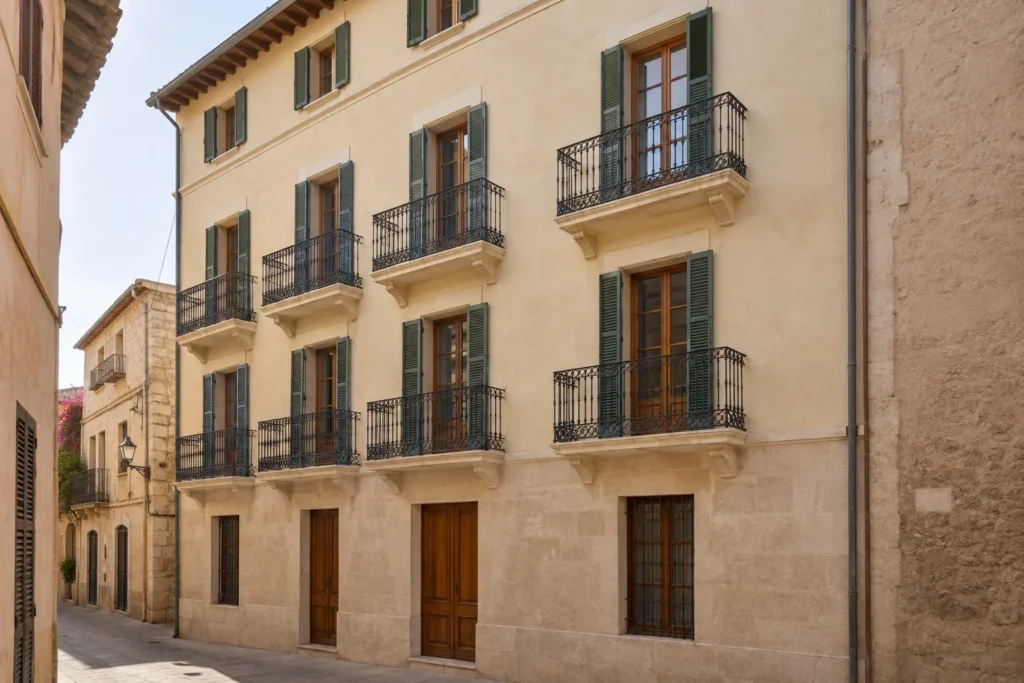 Fachada urbana de revoco claro con balcones de hierro y contraventanas verdes