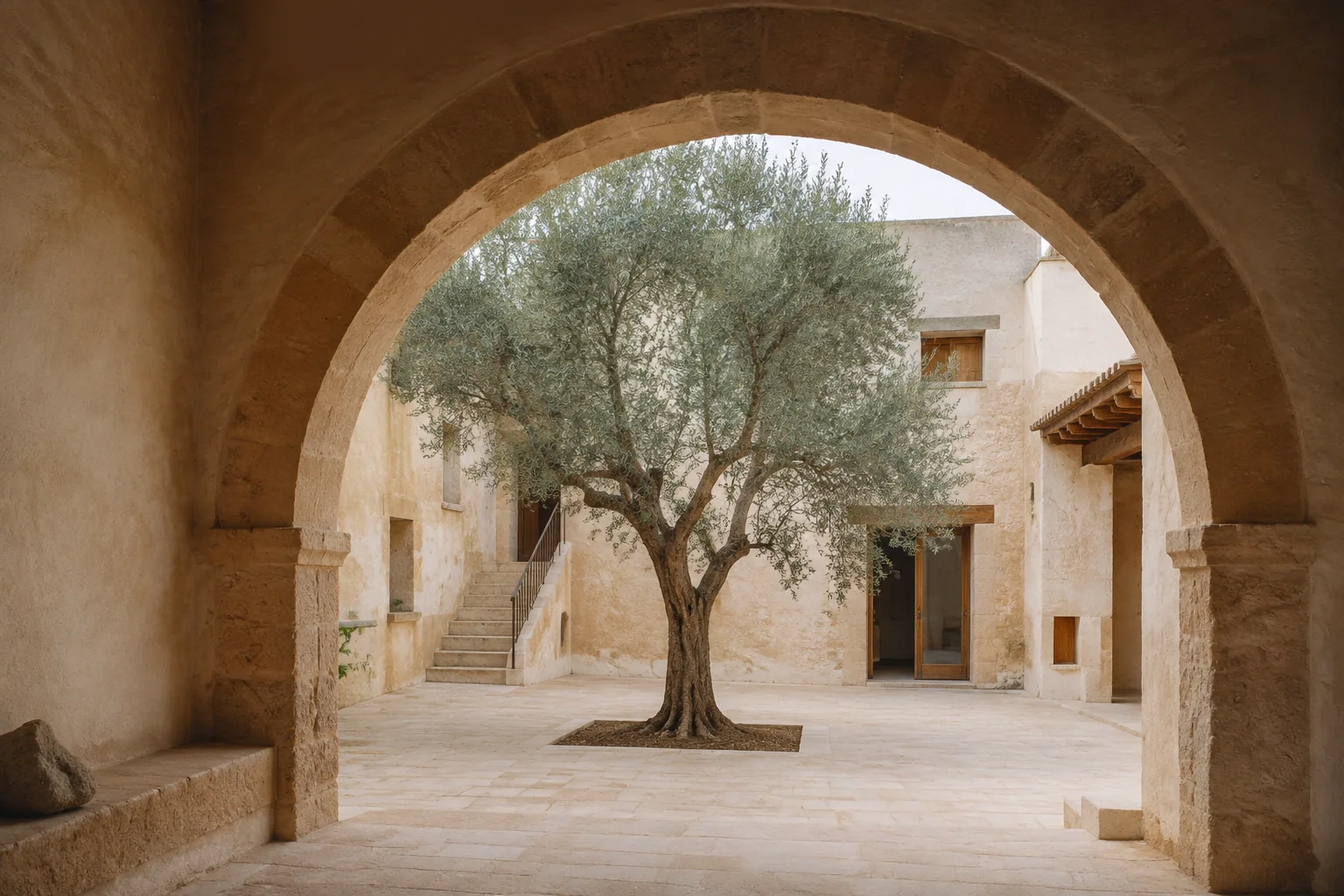 Patio de finca de piedra con arcos, pavimento claro y un olivo