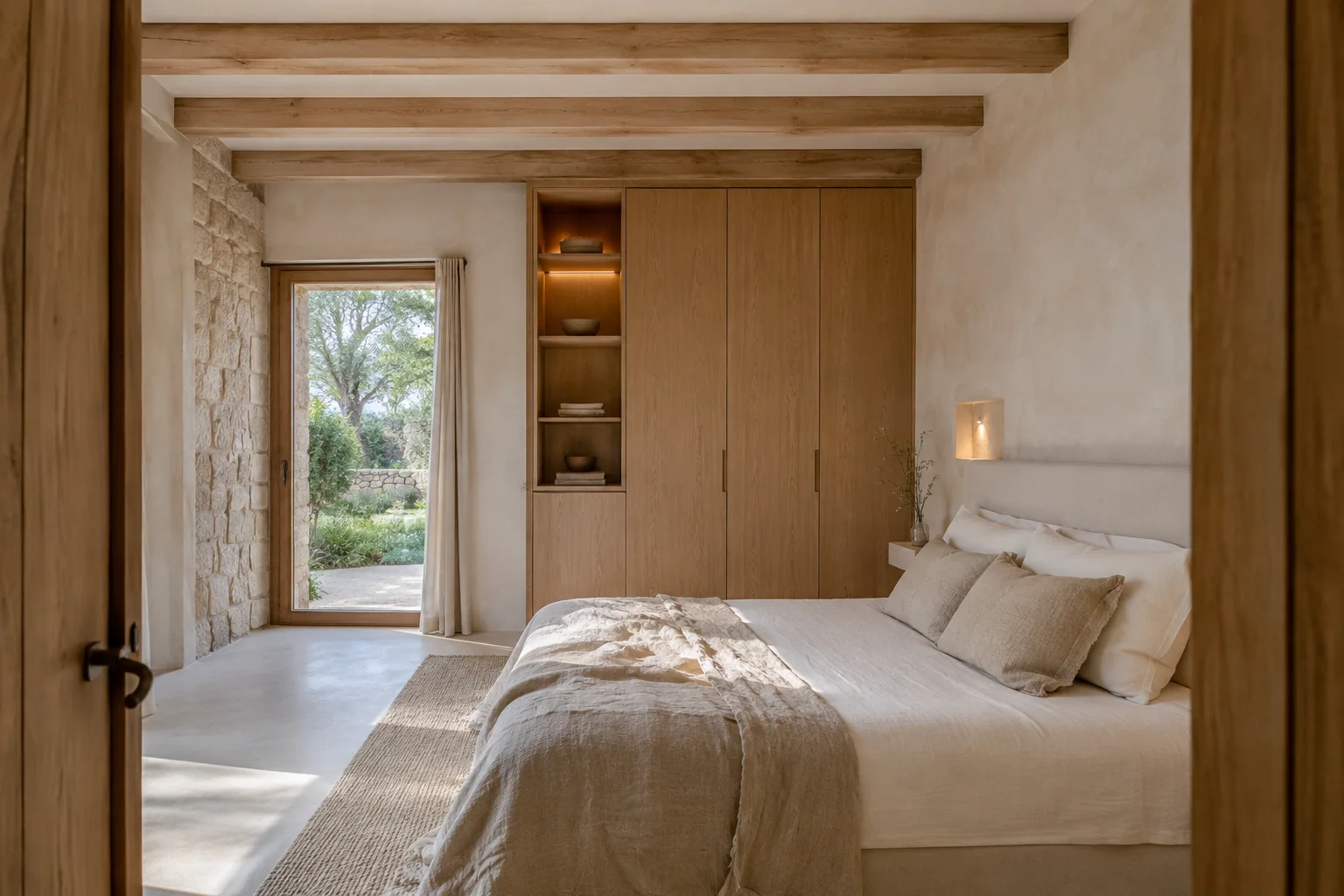 Dormitorio con piedra, armario de madera integrado e iluminación cálida