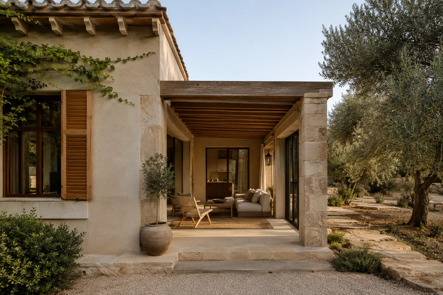 Porche de piedra y jardín de una villa mediterránea