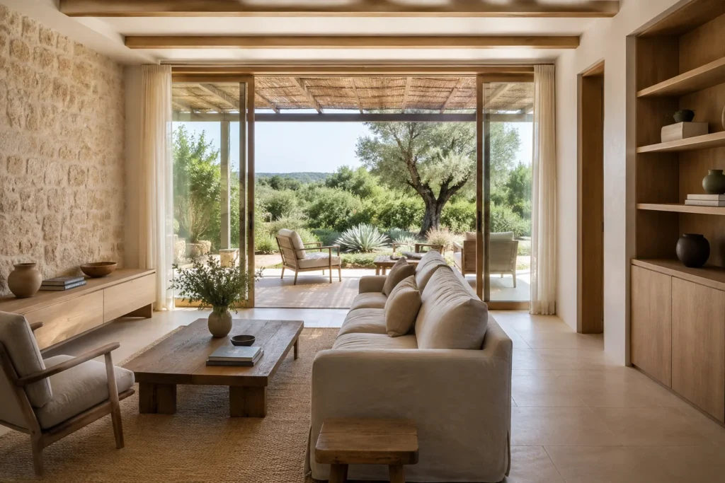 Salón de villa con piedra y madera abierto al porche y al jardín