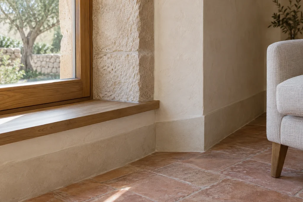 Concepto de ventana de madera y muro mineral con pavimento de terracota