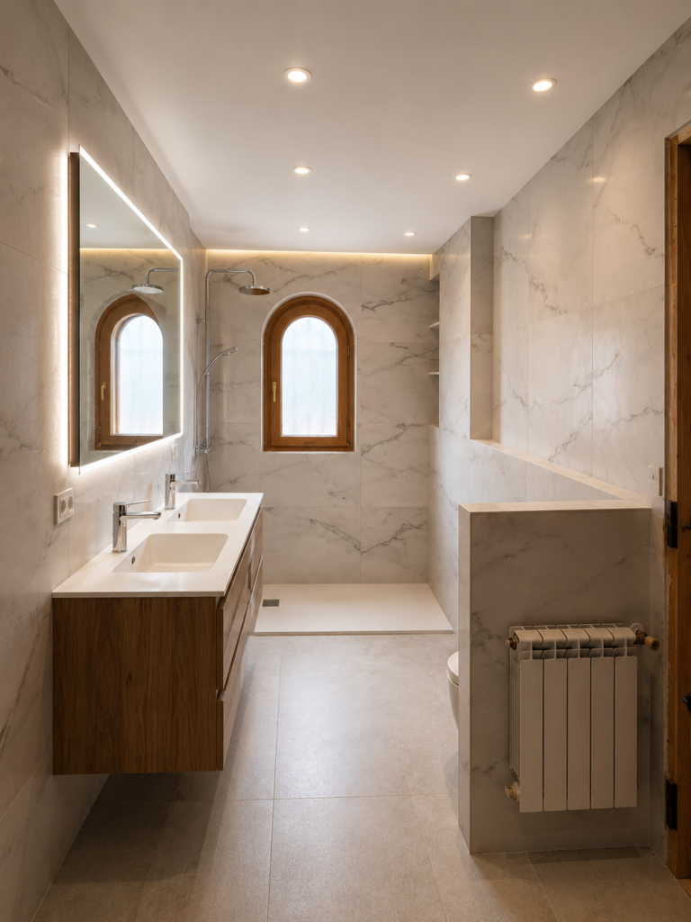 Baño reformado con doble lavabo, espejo iluminado, ducha y revestimiento porcelánico claro