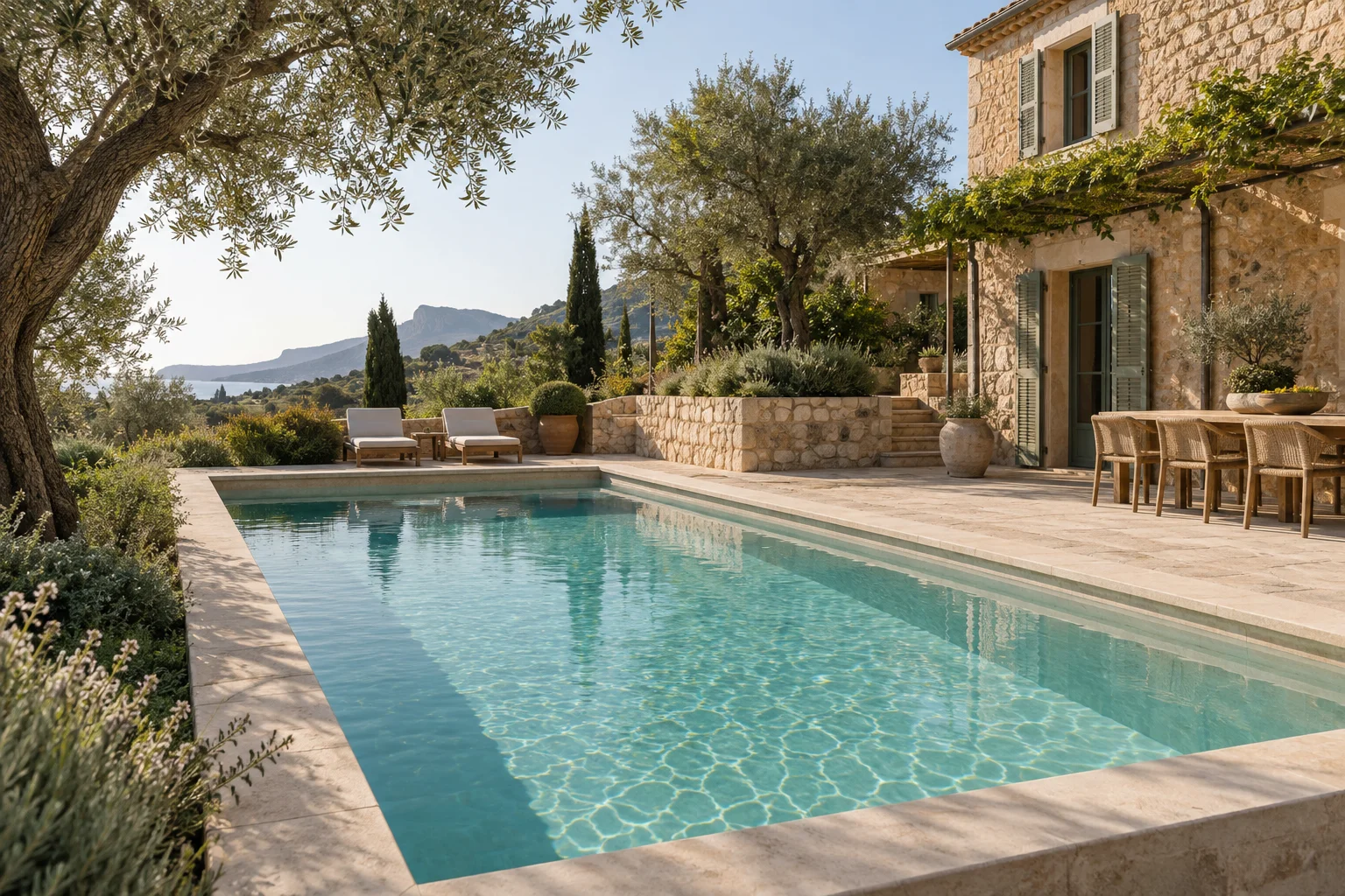 Piscina de líneas rectas con coronación de piedra junto a una vivienda y un jardín mediterráneo