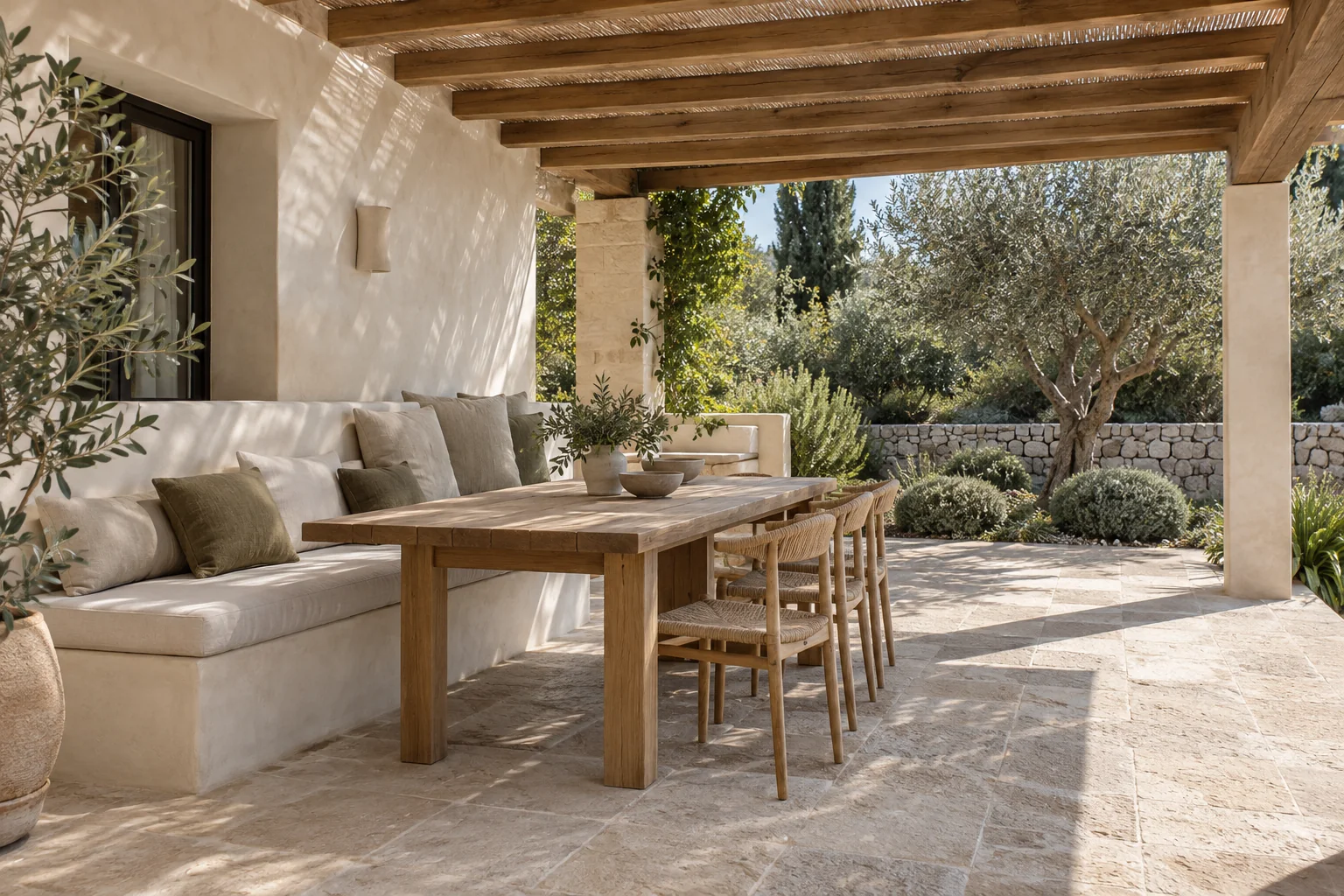 Concepto de terraza con banco de obra y comedor bajo pérgola de madera